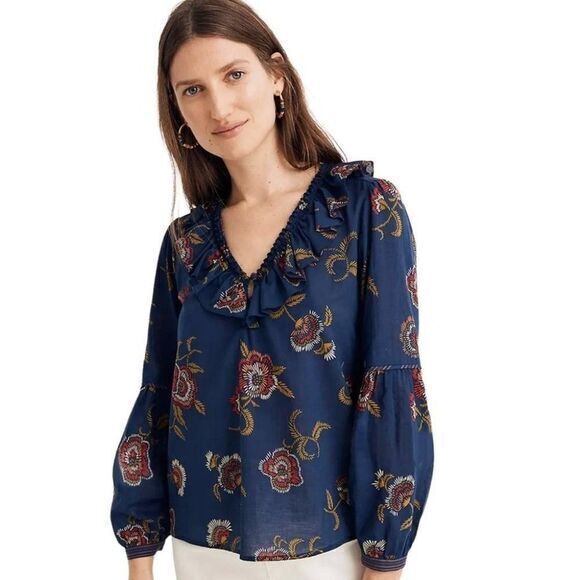 Madewell X Warm‎ Ruffle Collar Top In Honolulu Hibiscus Womens Size S Blouse - Picture 1 of 7